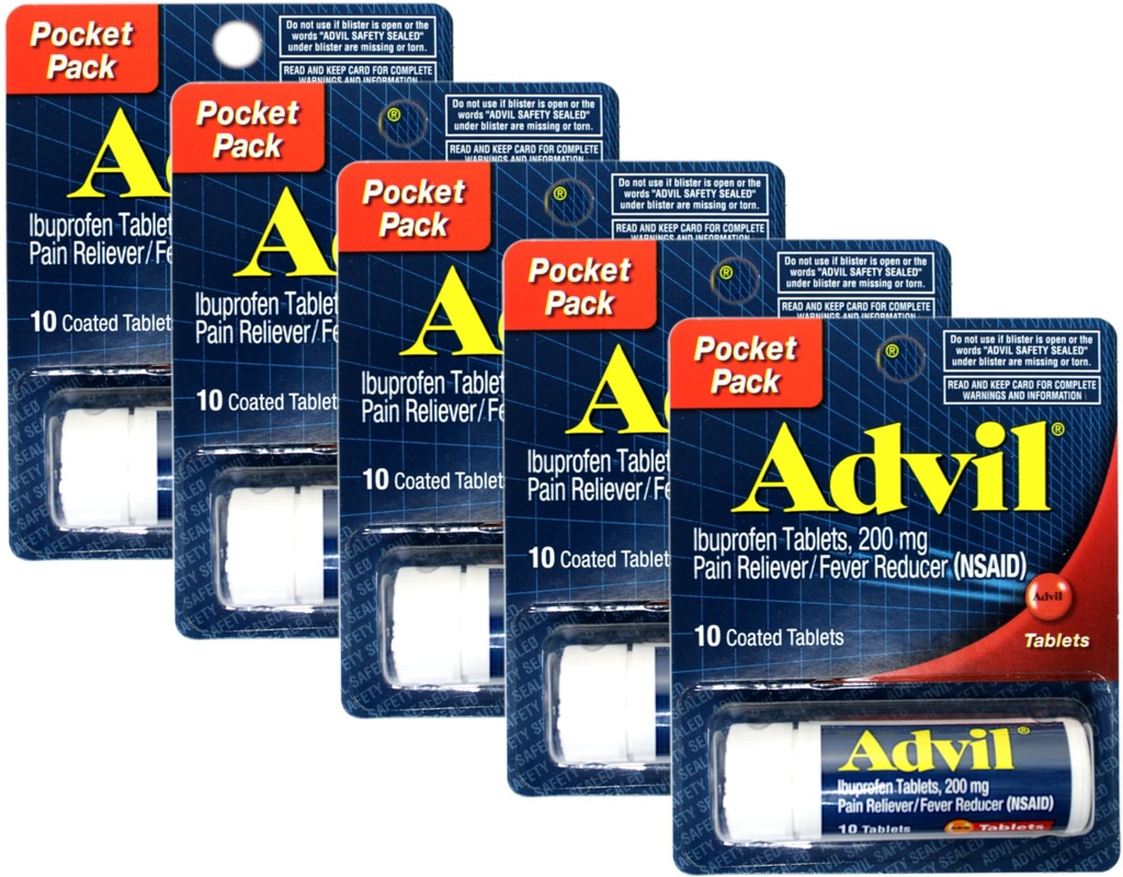 Advil Ibuprofen 200 mg (NSAID) Pocket Pack, 10 belagte tabletter (pakning med 5)