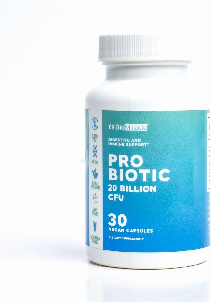 BioMiracle Pro Biotic 20 milliarder CFU, Glutenfri, Ikke-GMO, Naturlige ingredienser, Mange Strains, Vegetarvennlig.