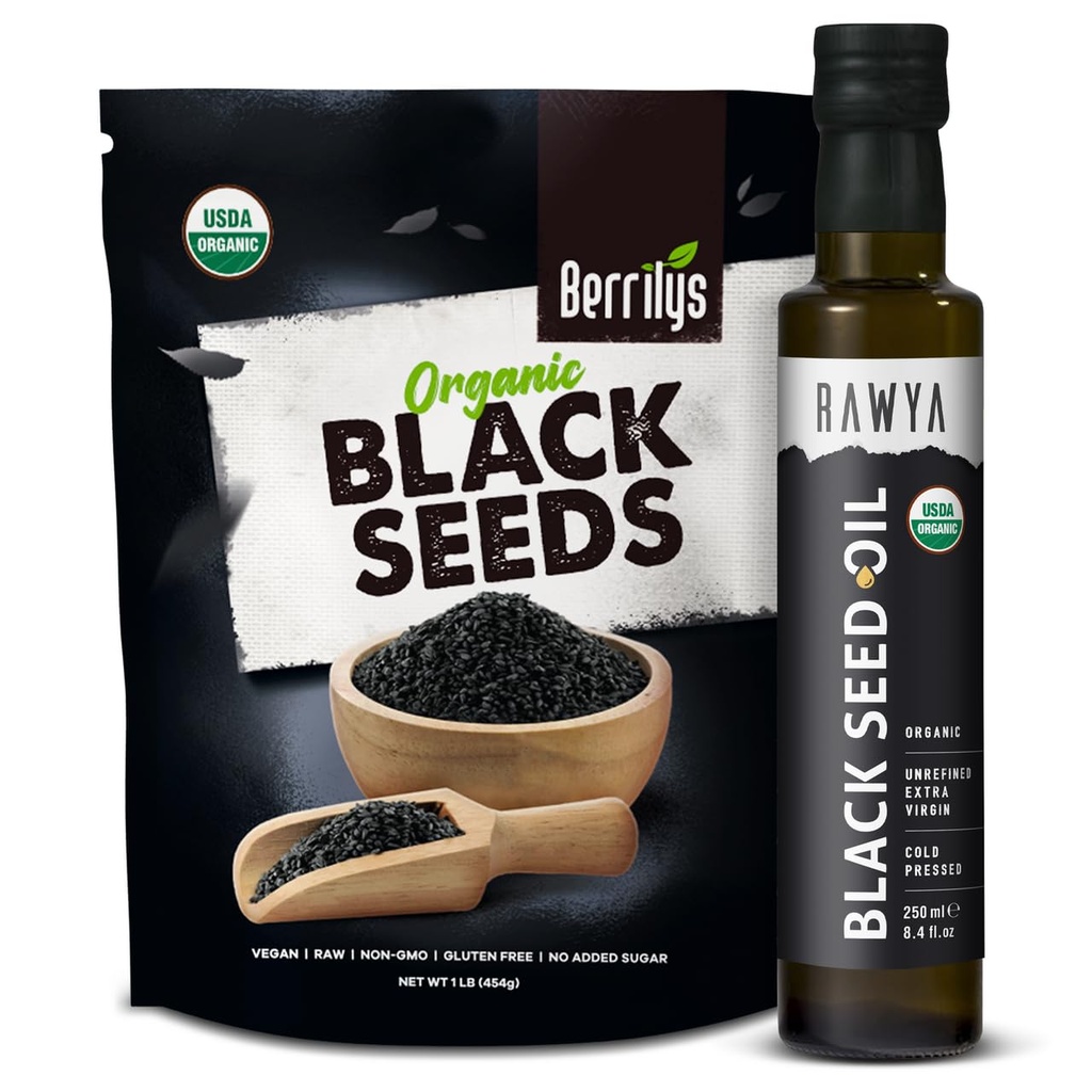 RAWYA svart frø + svart frøolje - USDA organisk sertifisert, kaldt presset, Nigella Sativa, cuminfrøolje, Kalonji, Premium kvalitet, høy tymoquinon, ren og naturlig, 8,4 Oz + 16 Oz frø