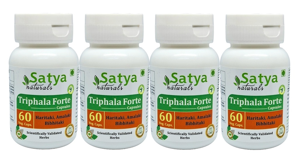 Triphala Forte Capsules 500 mg. 60 Veg. Capsule | Amalaki, Haritaki, Bibhitaki Extract Capsules for menn og kvinner | Ayurvedic Herbal Supplement / Remedies | 10:1 Forte (4 flasker med 60 Capsules)