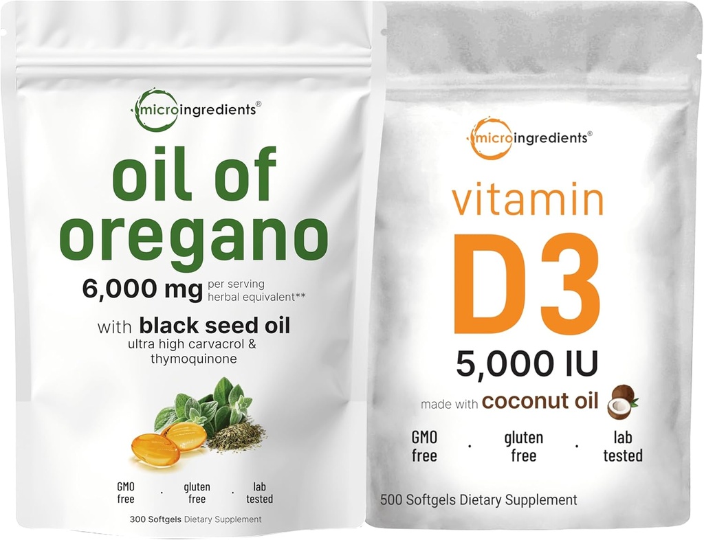 Mikroingredienser Olje av Oregano Softgels 6.000 mg Per servering og vitamin D3 5000 IU Bundle Pack ® 4X Styrke Carvacrol & Thymoquinon ® vitamin D som kolekalciferol