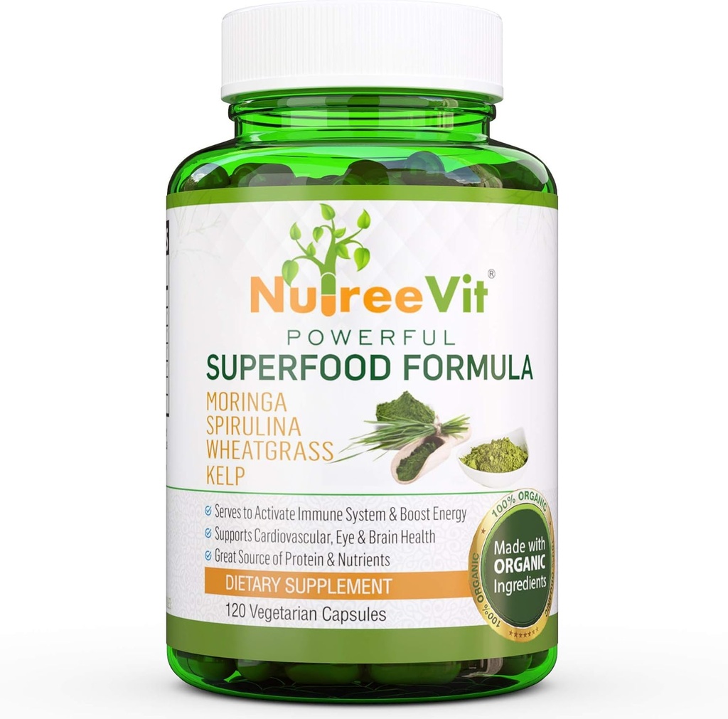 NutreeVit 100% økologisk kraftig superfood formel - immunsystem Booster energipiller med Moringa, Spirulina, Wheatgrass og Kelp - 90 greveflaske