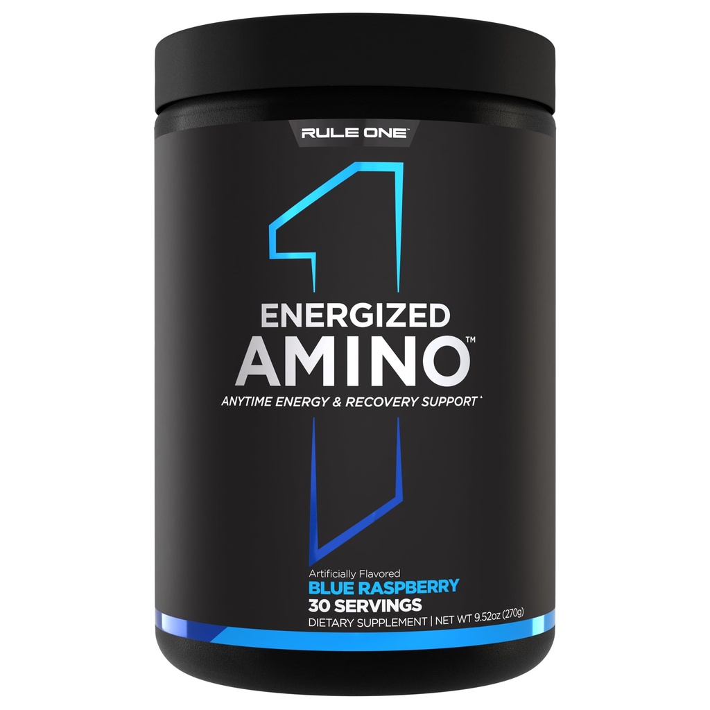 Regel 1 Proteiner Energized Amino - Når som helst energi og gjenoppretting støtte med BCAA, Glutamine, Citrulline, Beta Alanine, Koffein fra grønn kaffe og te blad ekstrakter (blå bringebær, 30 serveringer)