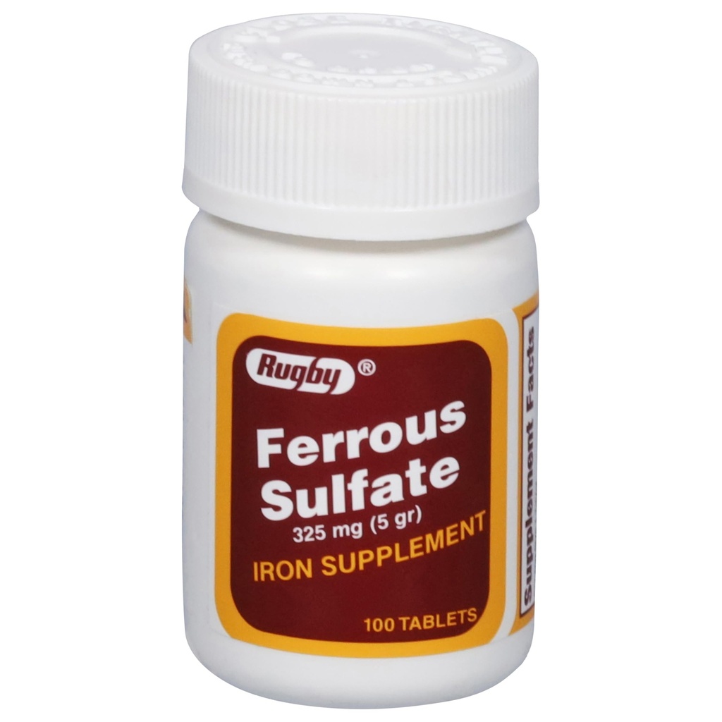 Rugby Ferrous Sulfate 325mg Tabletter - Jern Supplement for kvinner og menn - 100 greve (1 pakke)