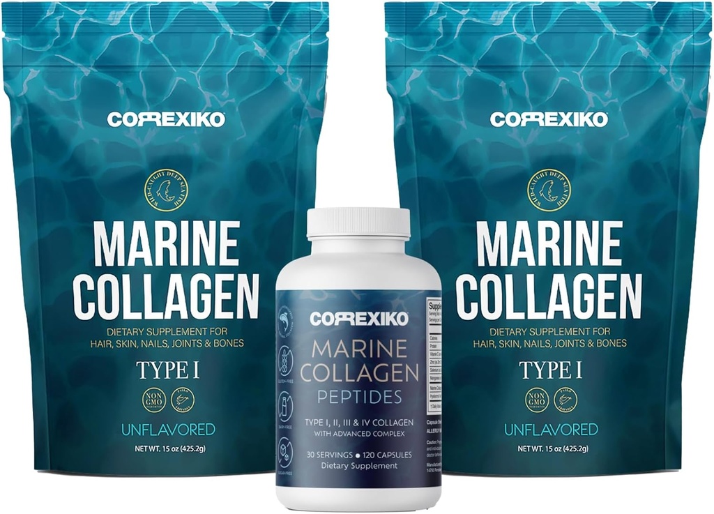 CORREXIKO 2X Marine kollagen pulver (15oz) & 1x Marine kapsler Bundle