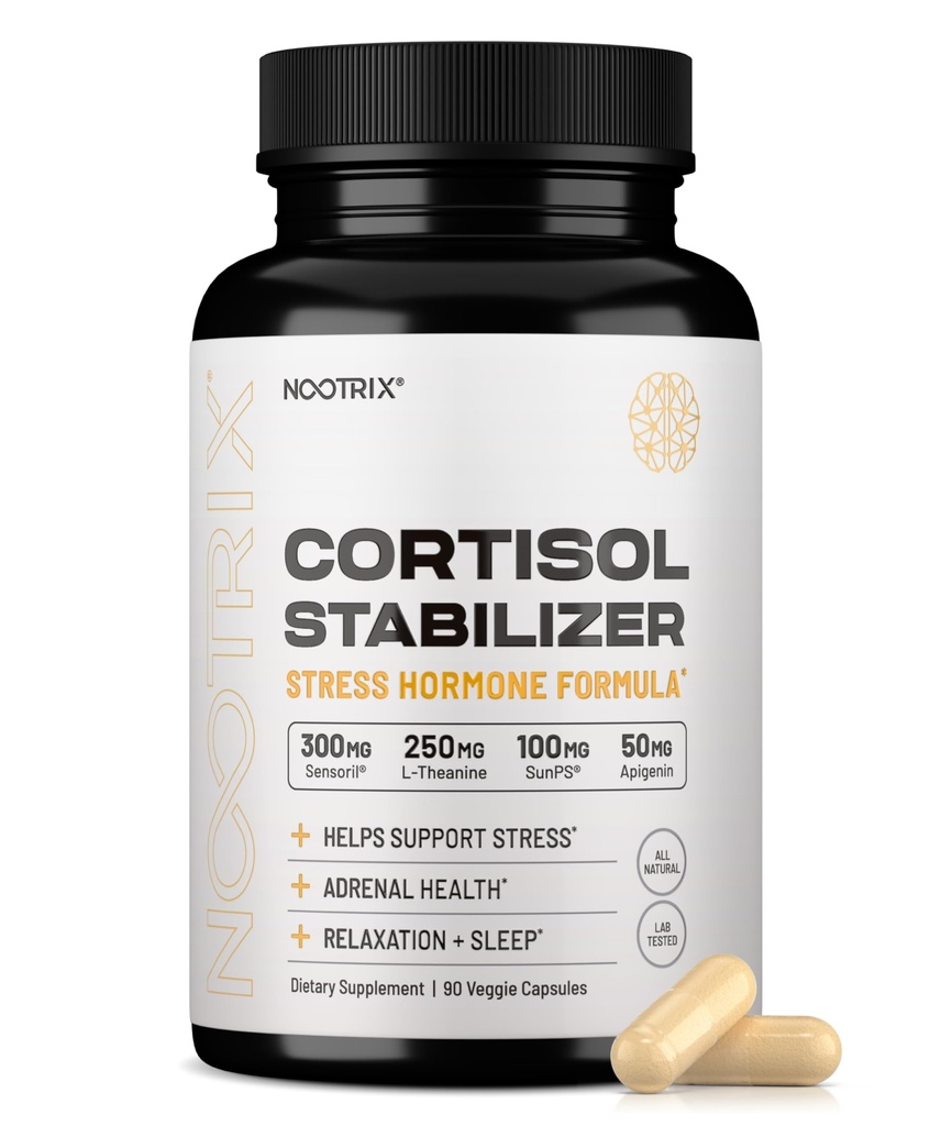 Nootrix Cortisol Manager & Stabilizer Supplement | Støtter dyp søvn, avslapping, Adrenal helse & stress | 300mg Ashwagandha | L-Theanine, Rhodiola Rosea Extract & Apigenin | 90 Kapsler