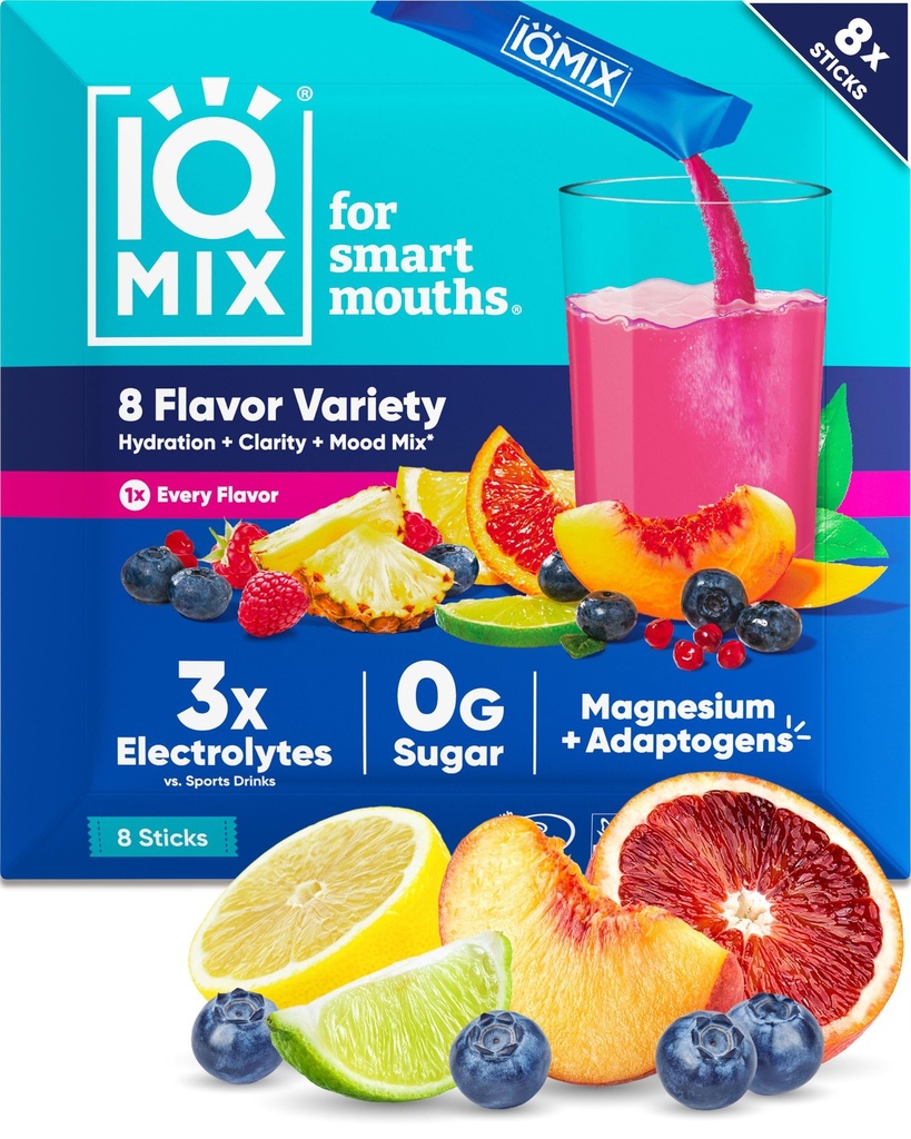 IQMIX Hydration Electrolyte pulver - 4-i-1 Formula for Hydration, mental klarhet, Mood & Recovery - sukkerfri, keto drikk blanding med magnesium L-treonate & Lion's Mane - 8-Count Sampler (alle Flavors)