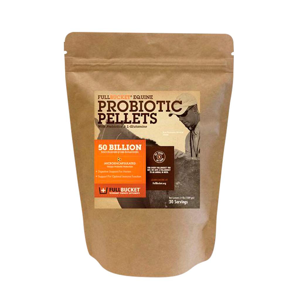 FullBucket Equine Probiotic Pellets med Saccharomyces boulardii for hester under høy stress eller for hester med pågående digestive problemer; 20x mer konsentrert og 50 milliarder CFUs - 30 serveringer