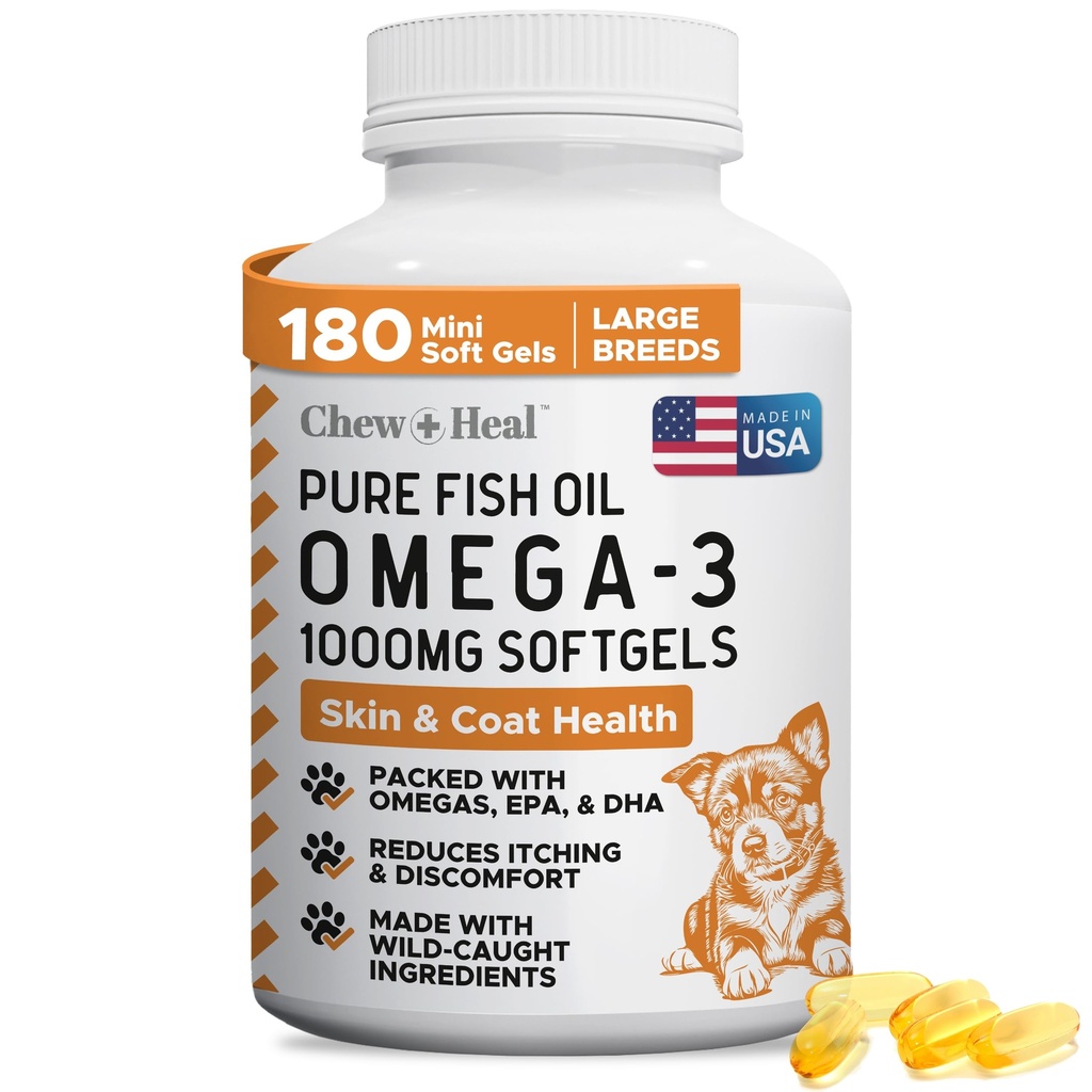 Wild Caught Omega 3 Fiskeolje til hunder - 180 Softgel Kapsler for sunn hud og Coat - Stor 1000 mg Hunde Fisk Olje piller for shedding, tørr kløende hud og varme flekker - Pet Omega Salmon Supplement