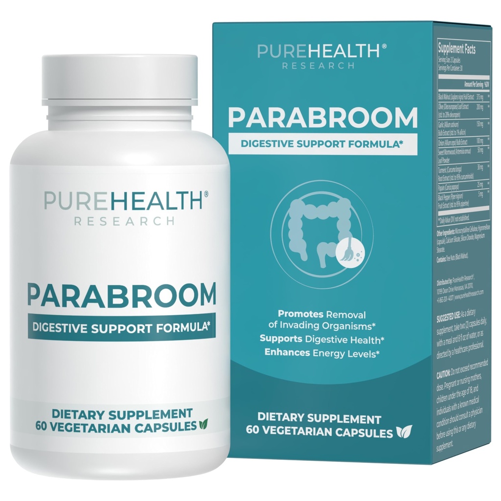 PUREHEALTH RESEARCH Parabroom - Gut Cleanse & Helse Supplement - med svart Walnut, Sweet Wormwood pulver, gurkemeie ekstrakt, Olive Leaf, hvitløk og løk - Digestiv støtte for kvinner og menn 60 kapsler