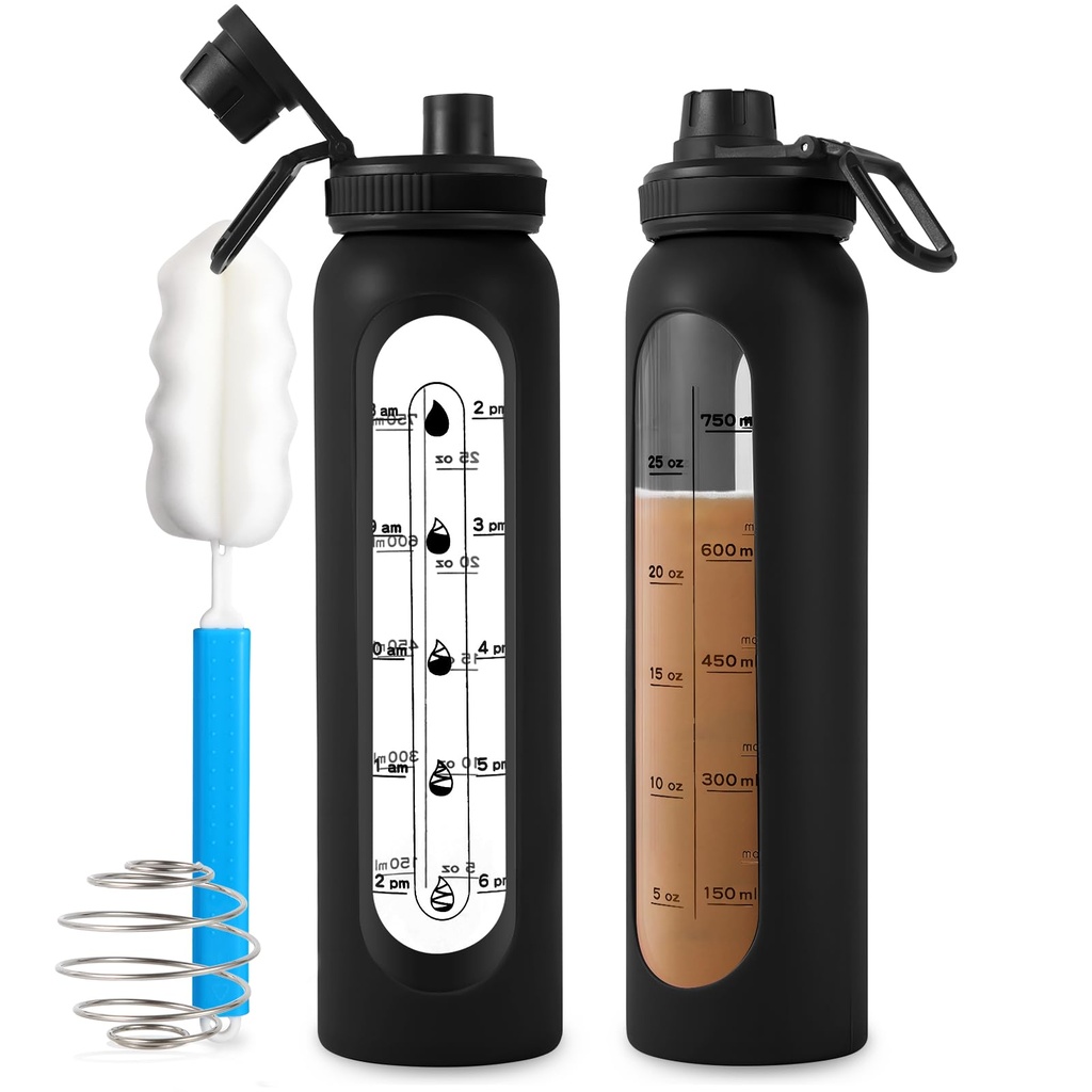 Glass Shaker flaske 34oz/1L Svart Glass Protein Shaker flaske med Shaker Ball store Shaker flasker for proteinblandinger Bærbar pulverblander Blender vannflaske for gym treningssport