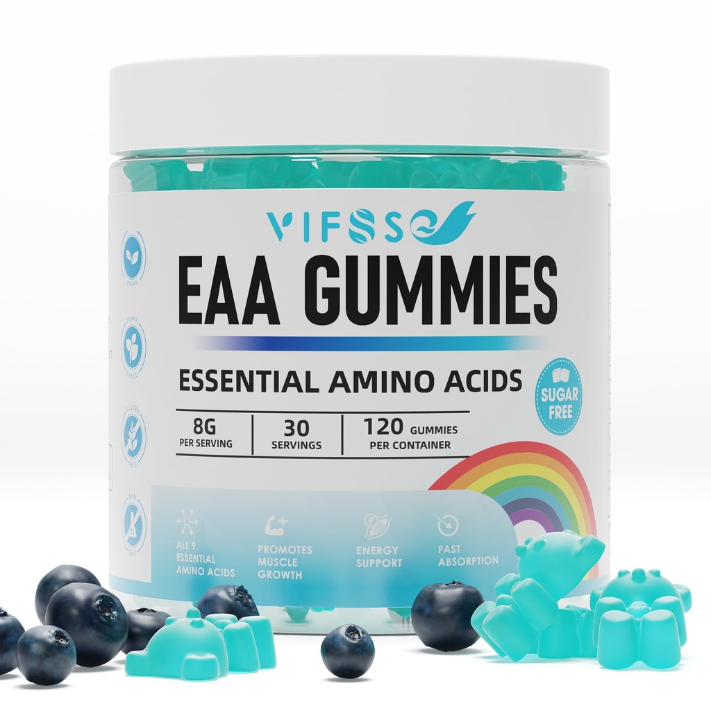 EAA Gummies 120 Gummies (blå bringebær), essensielle aminosyrer - Alle 9 essensielle Aminos (EAA) og alle grened-Chain Aminos (BCAA), ikke-GMO, Glutenfri, Vegetarvennlig