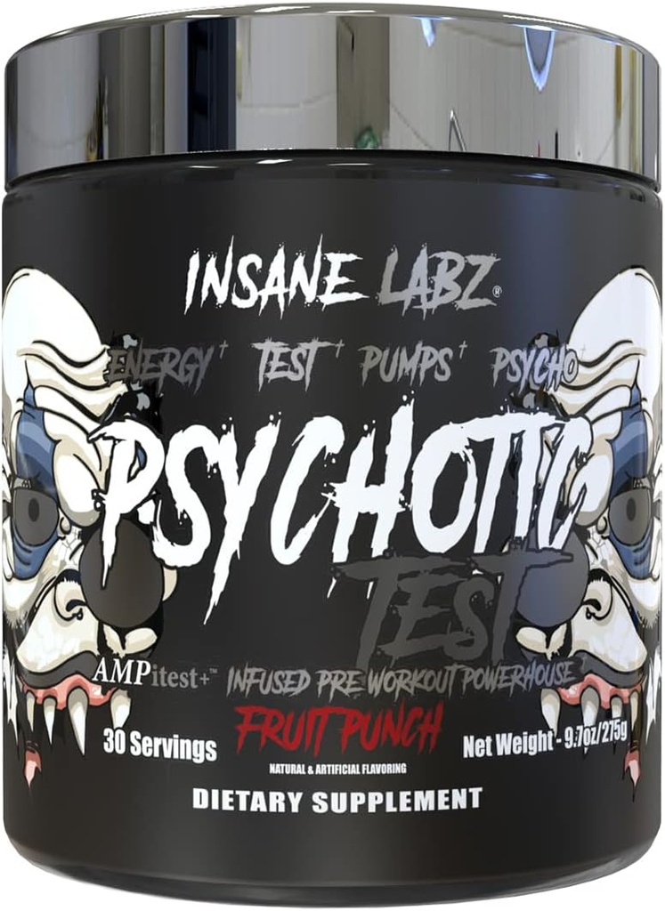 Insane Labz Psykotisk Test, høy stimul testosteron energi og pumpe øker pre-workout pulver med DMAE Bitartrat, D Aspartic Acid, Kreatin HCL og Glycerol Monostearate, 30 Serveringer, Frukt Punch
