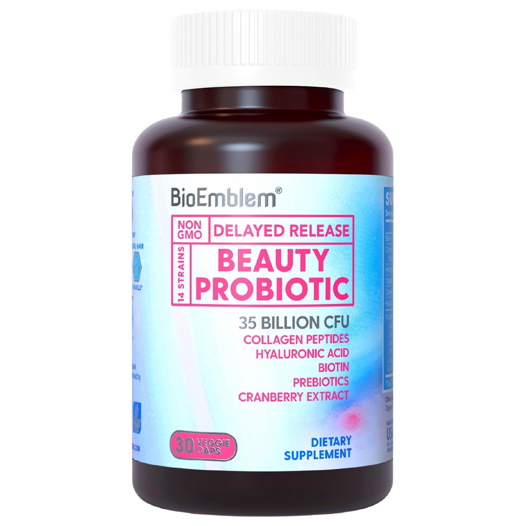 BioEmblem Beauty Probiotika for kvinner, 35 milliarder CFU 14 Strains med biotin, kollagen, Prebiotika for digestive helse, hårhud og negler, Vaginale Probiotika Supplement, Holdestabil, 30 Caps