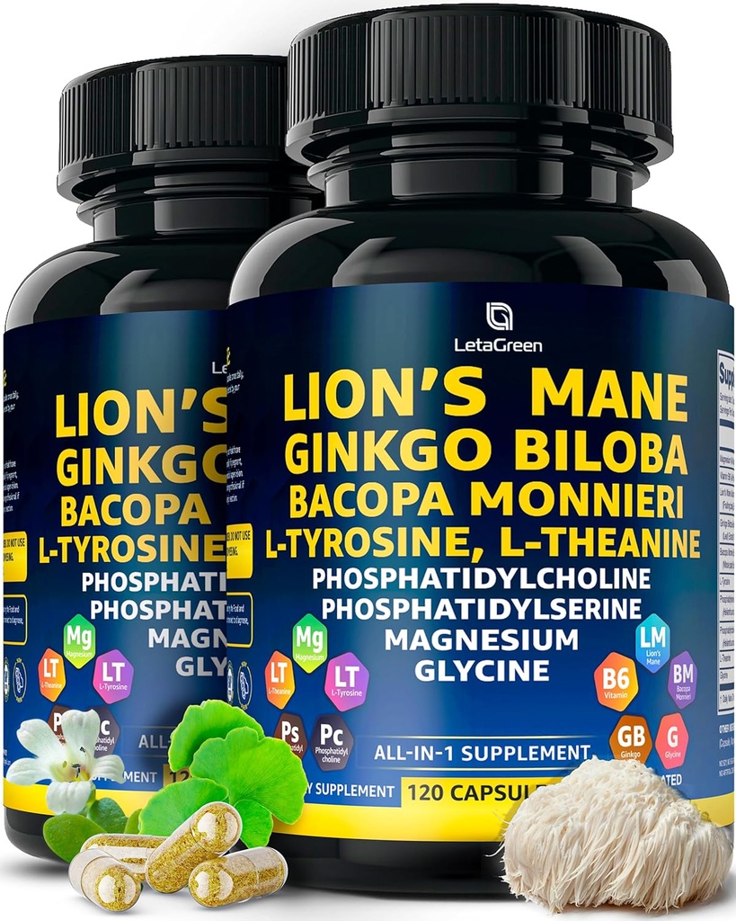 Organiske Lions Mane Supplement Kapsler - 240 ekte Mushrooms Lions Mane Capsules med Ginkgo Biloba Herb, Bacopa Monnieri, L Theanine, L Tyrosine - Mushroom Complex for daglig velvære