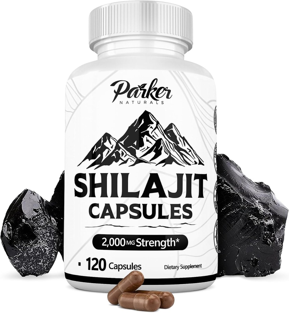 Parker Naturals ren Himalaya Shilajit Kapsler, 2000 mg Styrke Shilajit Resin og Fulvic Acid Supplement, Vegan og Glutenfri kapsler, 120 greve