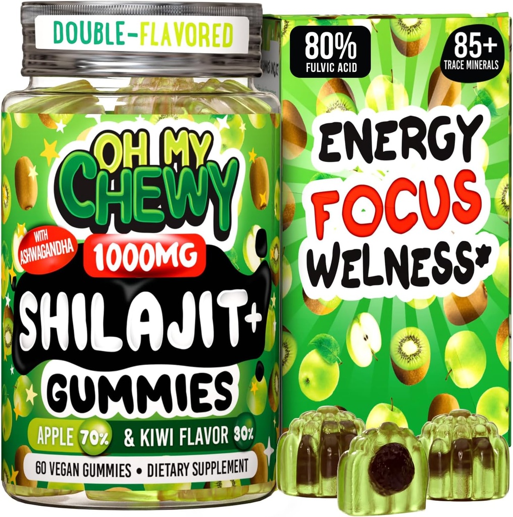 Pure Himalayan Shilajit Gummies - høy styrke Gold Grade Resin - Energiforsterkning og immunstøtte for menn og kvinner med Ashwagandha og Shatavari - Apple & Kiwi