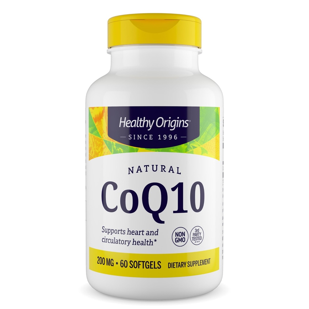 Sunn Origins® CoQ10 200 mg – Naturlig trans-Isomer Ubiquinon – Yeast Fermented, støtter hjertehelse og cellulær energi – ikke-GMO 60 Softgels