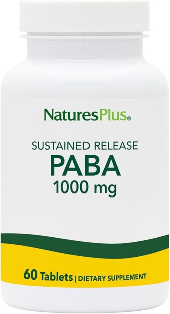 Natures Plus PABA, frigjøring (para-aminobenzosyre) - 1000 mg, 60 vegetariske tabletter - Hud Helsestøtte Supplement, fremmer energiproduksjon - Glutenfri - 60 Services