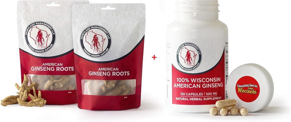 Dairyland American Ginseng Roots 16 oz og Kapsler 150 ct Pack av Wisconsin Ginseng – Direkte fra bonde til forbruker