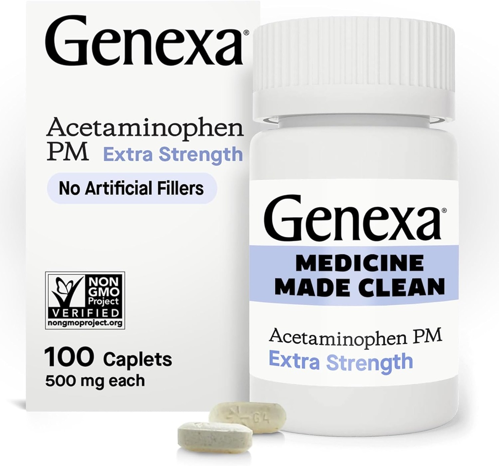 Genexa ren acetaminophen PM 500mg ekstra styrke, dysefri smertefri søvnhjelp, feberreduser, 0% kunstige additiver, lindrer hodepine, ryggsmerter, mindre ledgikt smerte, 100 tabletter