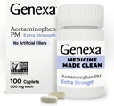 Genexa ren acetaminophen PM 500mg ekstra styrke, dysefri smertefri søvnhjelp, feberreduser, 0% kunstige additiver, lindrer hodepine, ryggsmerter, mindre ledgikt smerte, 100 tabletter