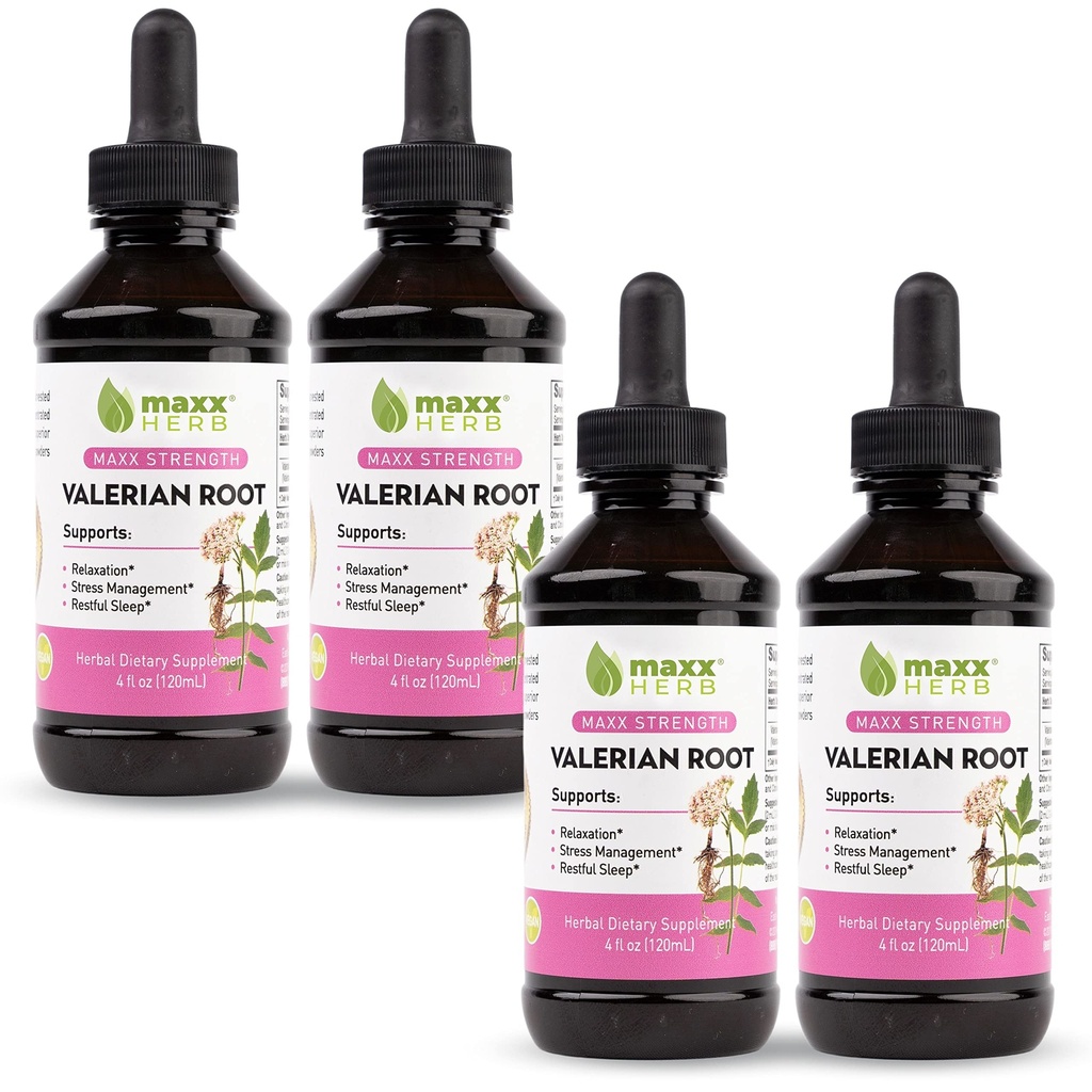 Maxx Herb Valerian Root Extract - Max styrke, flytende Valerian Root Absorbs Bedre enn kapsler, for avslapning og hvilelig søvn, alkoholfri - 4 flasker, 4 Oz Hver (240 Serveringer)