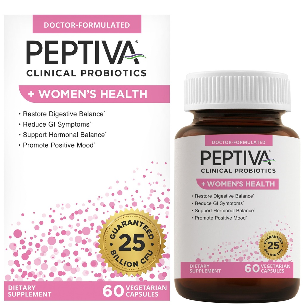 Peptiva Probiotika for kvinners helse - Kvinners probiotiske og digestiva støtte, 25 milliarder CFU, multi-strain probiotika, Lactobacillus Acidophilus, Bifidobacterium - 60 vegetariske kapsler