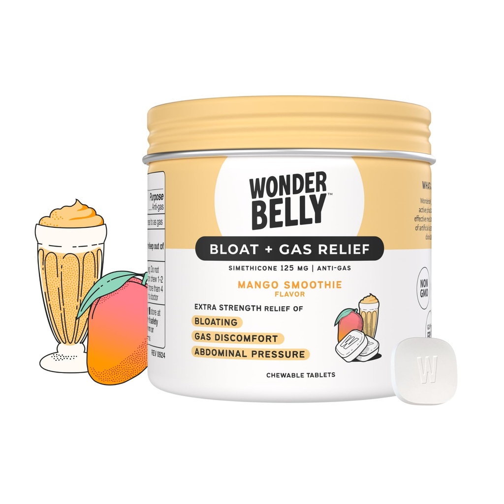 Wonderbelly Bloat Gass Relief Ekstra styrke Chewable tabletter med 125 mg simetikon Ingen Talc eller Dye Mango Smoothie 35 greve