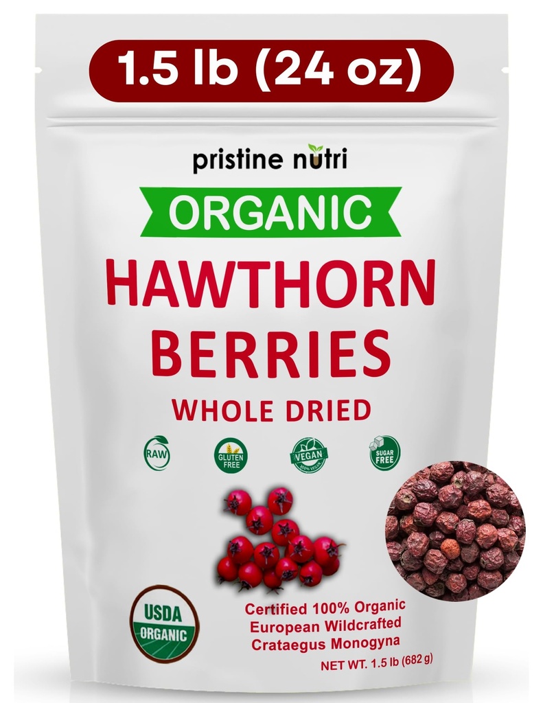 1,5 lbs (24 oz) 100% økologisk Hawthorn Berries Tørket bulk | Make Hawthorn Berry Te | European Wildcrafted Berries | Make wellness te for hjerte støtte, blodtrykk og stress relief (pakke kan variere)