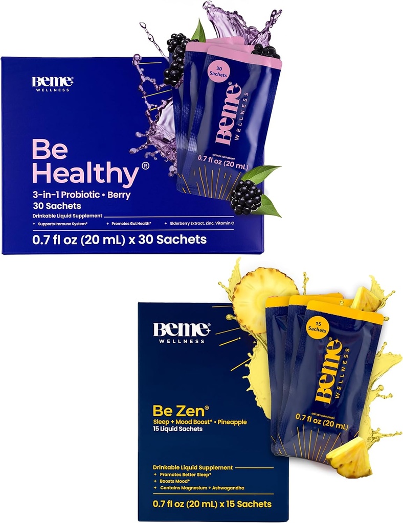 BeMe BeHealthy & BeZen Bundle - flytende probiotika og magnesiumglycinat L-Theanine kosttilskudd