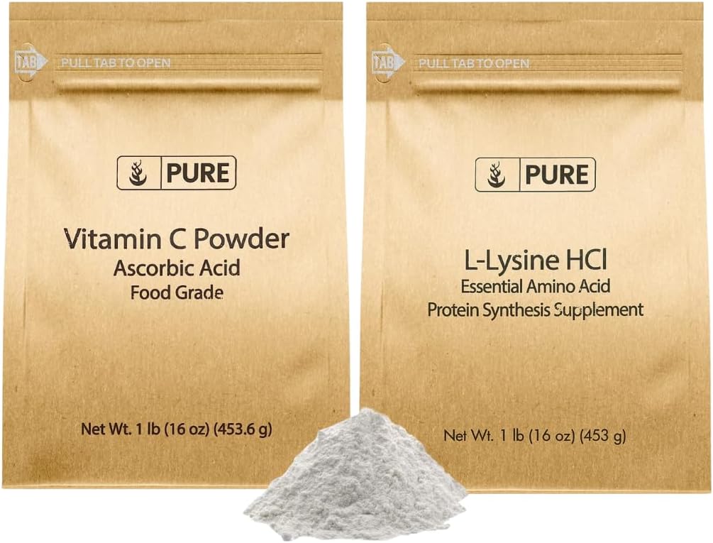 PURE ORIGINAL INGREDIENTS L-Lysin HCI og Vitamn C pulverbundel, 1 lb Hver, ikke-GMO, Glutenfri, kosttilskudd