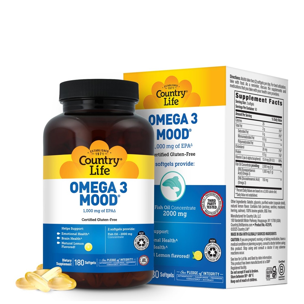 Country Life Omega 3 Fish Oil Supplement - høy konsentrasjon EPA og DHA Omega 3 fettsyrer - 2000 mg Fish Oil for emosjonell helse, humørstøtte, og ingen fisk smak - naturlig sitron flavor