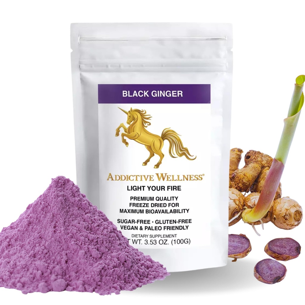 Addictive velvære Thai Black Ginger for menn, Thai Black Ginger Supplement for å støtte energimetabolisme, utholdenhet og ytelse, frys tørket svart Ginger pulver, 100 gram, vegansk og paleo