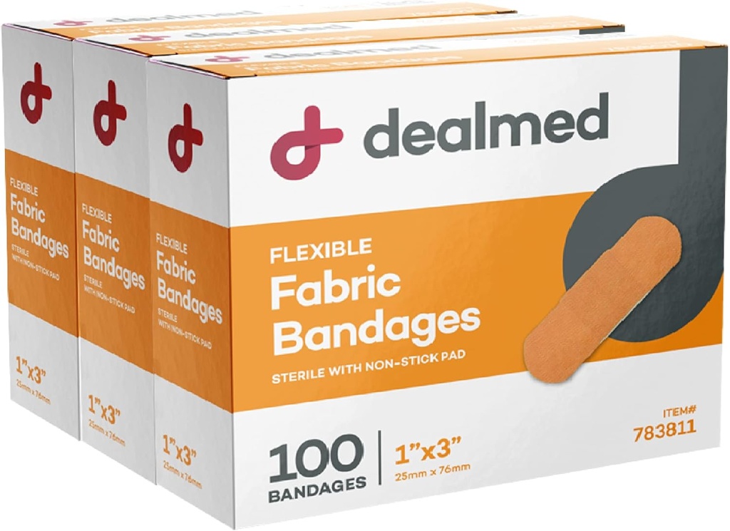 Dealmed Sterile Fleksibel stoff klesbånd - 1x3 tommer - 100/boks - 3 bokser - pustende førstehjelpsstripe pakke - myk strekk sår patch for medisinske, nødsett og klinikker