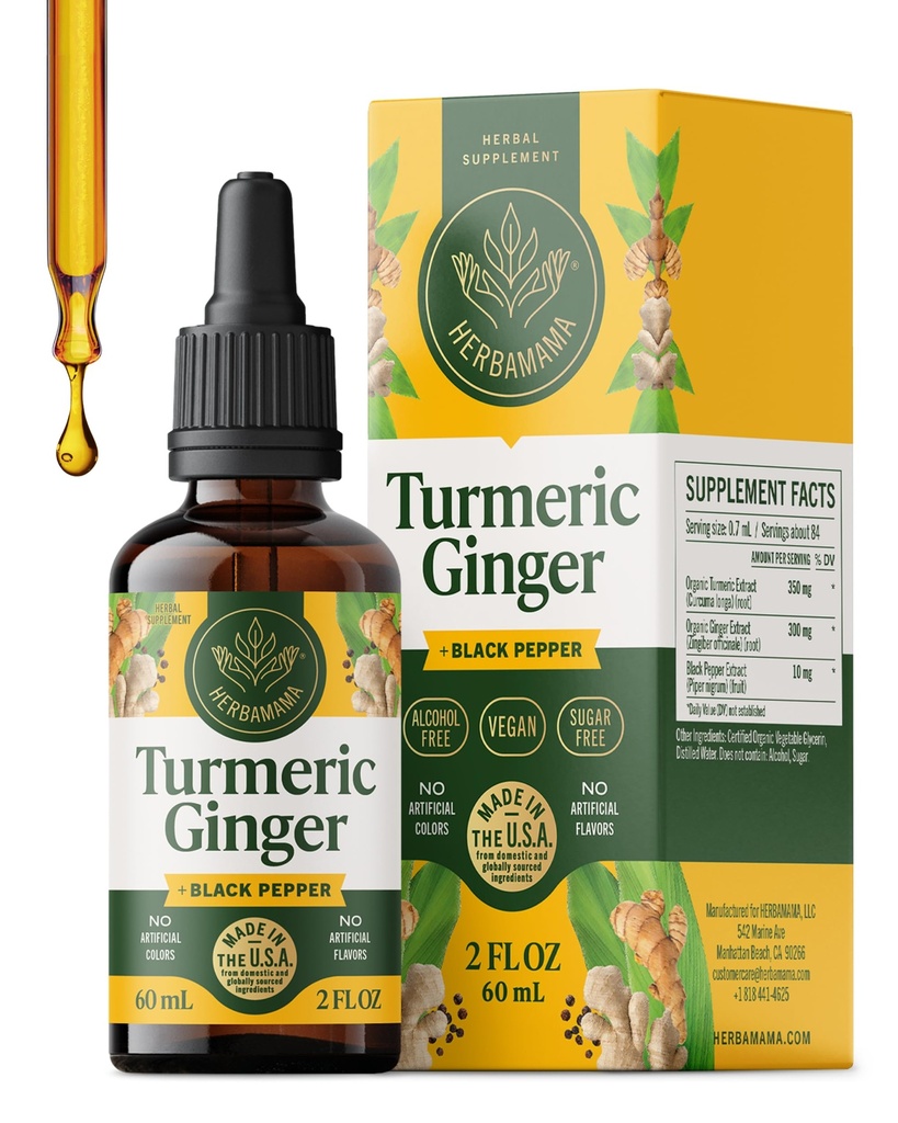 HERBAMAMA Turmeric Curcumin og Ginger Supplement - Vegansk immunforsvar blanding med flytende Ginger Root,Turmeric & Black Pepper Extract - Ikke-GMO, alkohol & sukkerfri immunitetsdråper