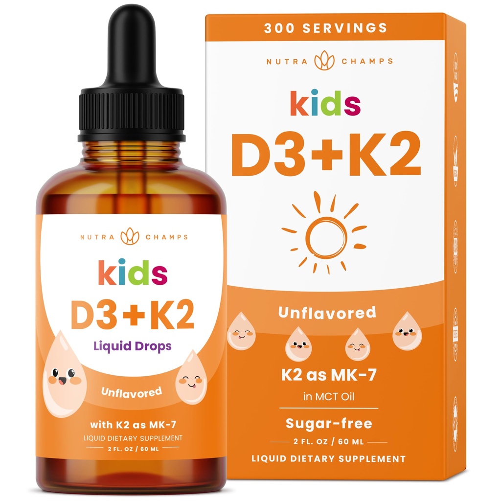 NutraChamps Kids vitamin D 3 K2 Drops, vitamin D3 & K2 MK-7, flytende vitamin D for barn 1000 IU, sunne bein, hjerte og immunsystem, sukkerfri kosttilskudd for barn, 300 serveringer