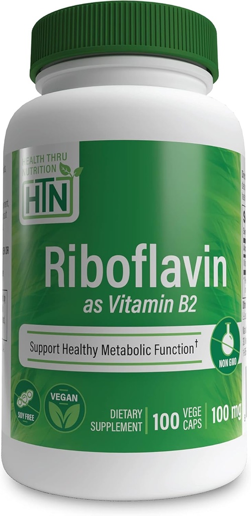 Helse Thru Nutrition Riboflavin 100mg vitamin B2 100 Vegecaps | Støtter sunn energi Metabolsk funksjon & nervesystem | 3rd Party Testet | Ikke-GMO Soya og Glutenfri Hypoallergenic