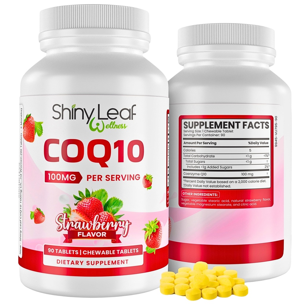 Shiny Leaf CoQ10 100mg - Chewable CoQ10 Supplement - Coenzym Q10 for hjerte helse og energi - naturlig Co Q 10 Supplement for kardiovaskulær velvære - 100mg Chewable tabletter, 90 tabletter, laget i USA