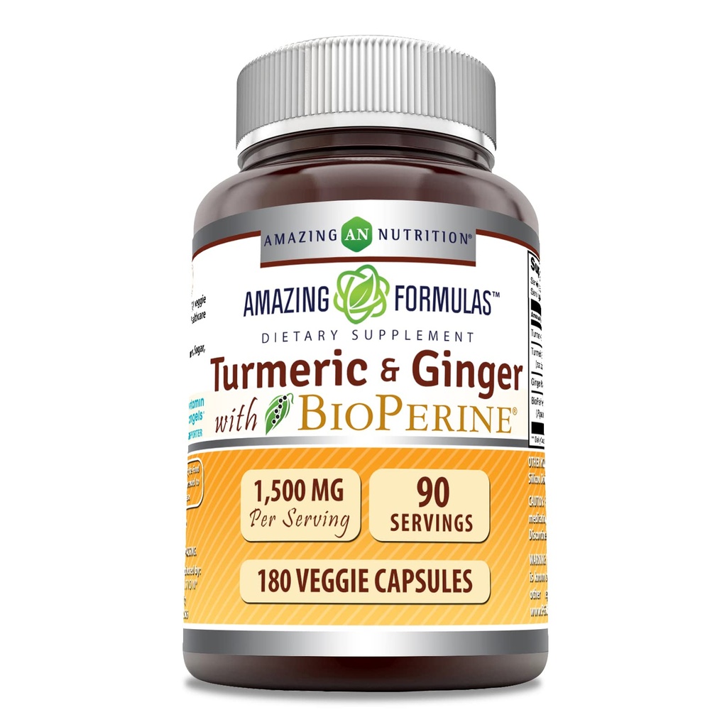 Amazing Formler Turmeric Curcumin & Ginger med BioPerine Supplement ® 1500 Mg Per Serving ® 180 Veggie Capsules ikke-GMO | Glutenfri | laget i USA