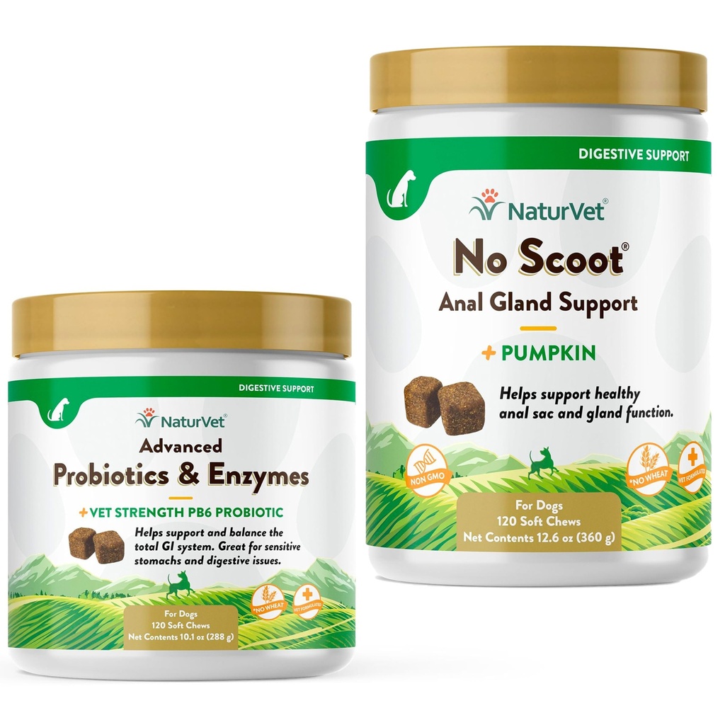 NaturVet Advanced Probiotika, sunne enzymer og PB6 Probiotic Supplement for hundene mage, 120 myk Chews & No Scoot for hunder - 120 myk Chews - støtter sunn anal Gland & Bowel funksjon