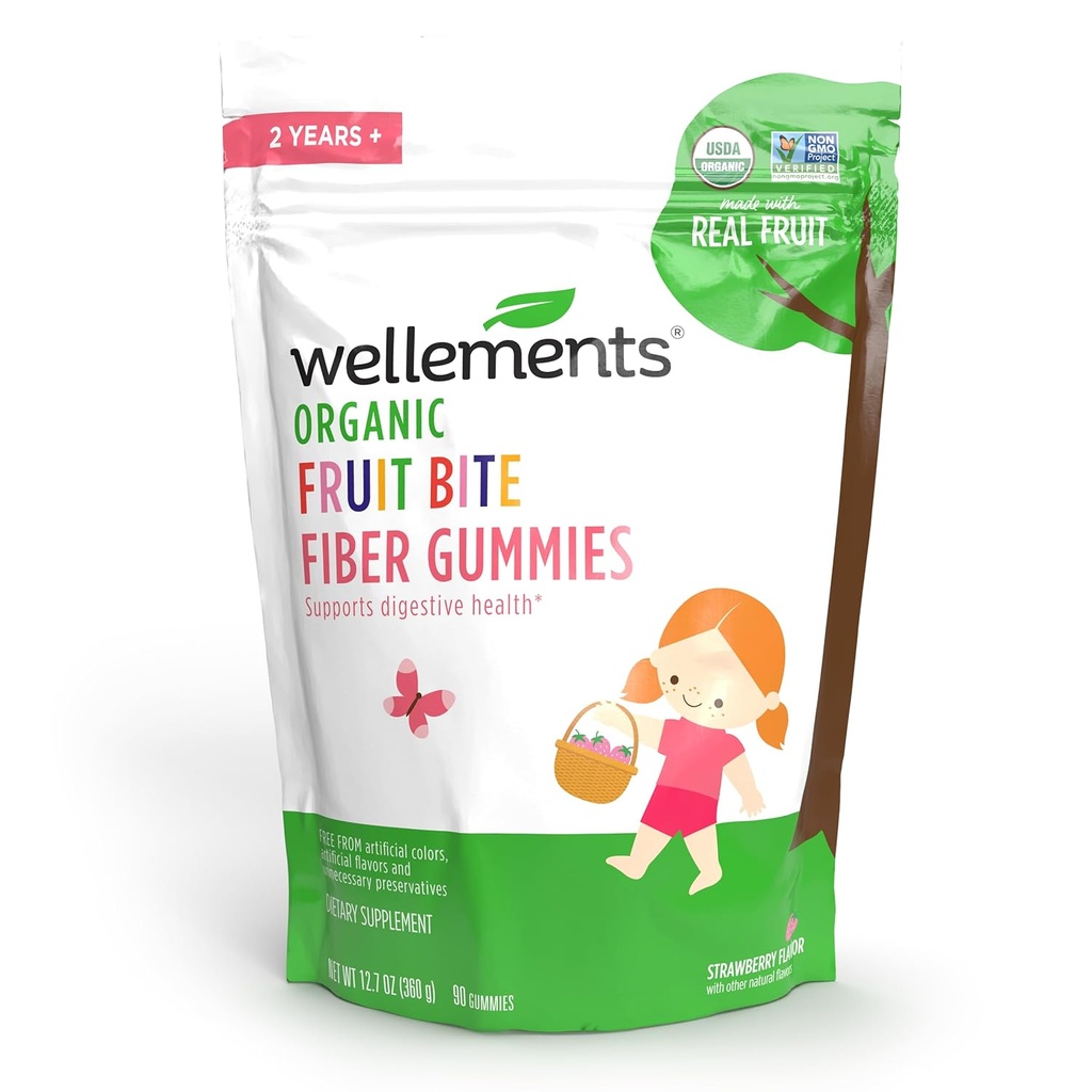 Velvære Organisk Fiber Frukt Bite Gummier | Støtter Kids & Todlers Digestive Helse * | Laget w/REAL FRUIT | 3g Fiber Per Serving | Yummy Strawberry Flavor | Ages 2+