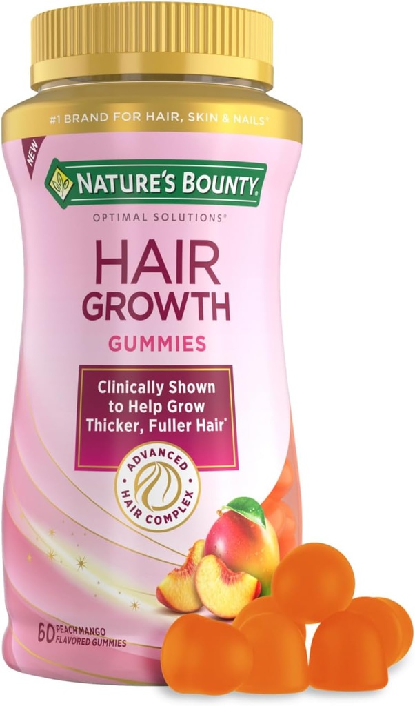 Naturens Bounty hårvekst Gummier for å støtte tykkere, Fullere Hår med Biotin, Silikon & Arginin, Peach Mango Flavor - Glutenfri, Inneholder ingen saltvann, natrium eller fisk, 60 greve / 30 serveringer