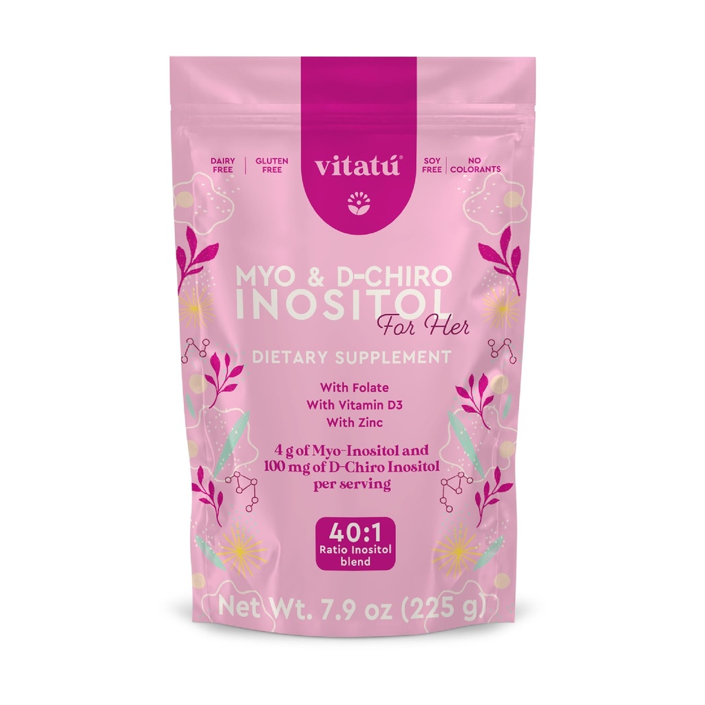 Myo Inositol (4g) & D-Chiro Inositol (1g) Ideell blanding 40:1 | Varighet 45 dager | med folsyre + vitamin D3 + sink, pulverisert kosttilskudd for kvinner (225 g)