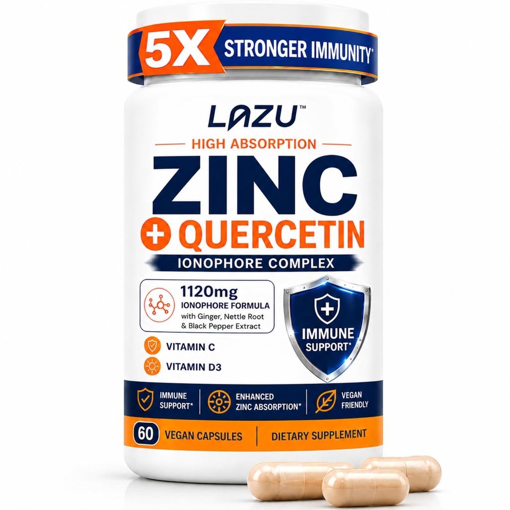 Lazu Virocin - Sink Supplement - Zink Ionophore | Sink, Vitamin C, Vitamin D3 | Økt immunstøtte og rask absorpsjon | 60 Kapsler