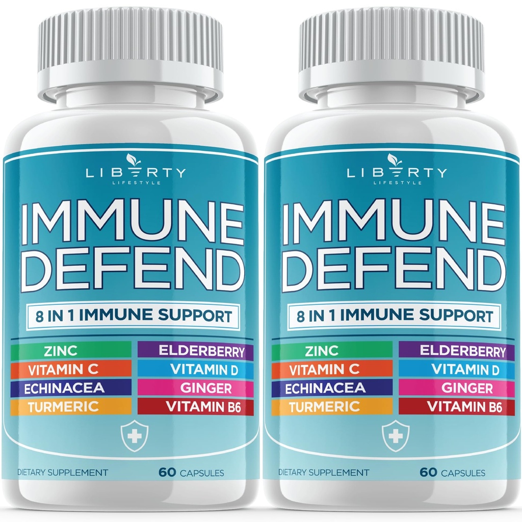 8 i 1 immunforsvar støtte, immunisme vitaminer Supplement Booster med sink 50mg, vitamin C Elderberry Vit D3 5000 IU, gurkemeie curcumin & Ginger, Echinacea - Allergi relief for barn voksne (2 pakke)