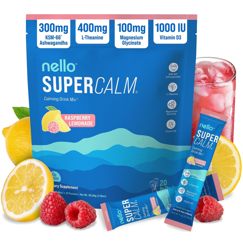 Nello Supercalm pulverisert drikk blanding, bringebær sitronade, L teanin, Ksm-66 Ashwagandha, magnesiumglycinat, vitamin D 3, Kosttilskudd for avslapning og fokus, Ingen sukker, ikke GMO, På farten, 20 Ct