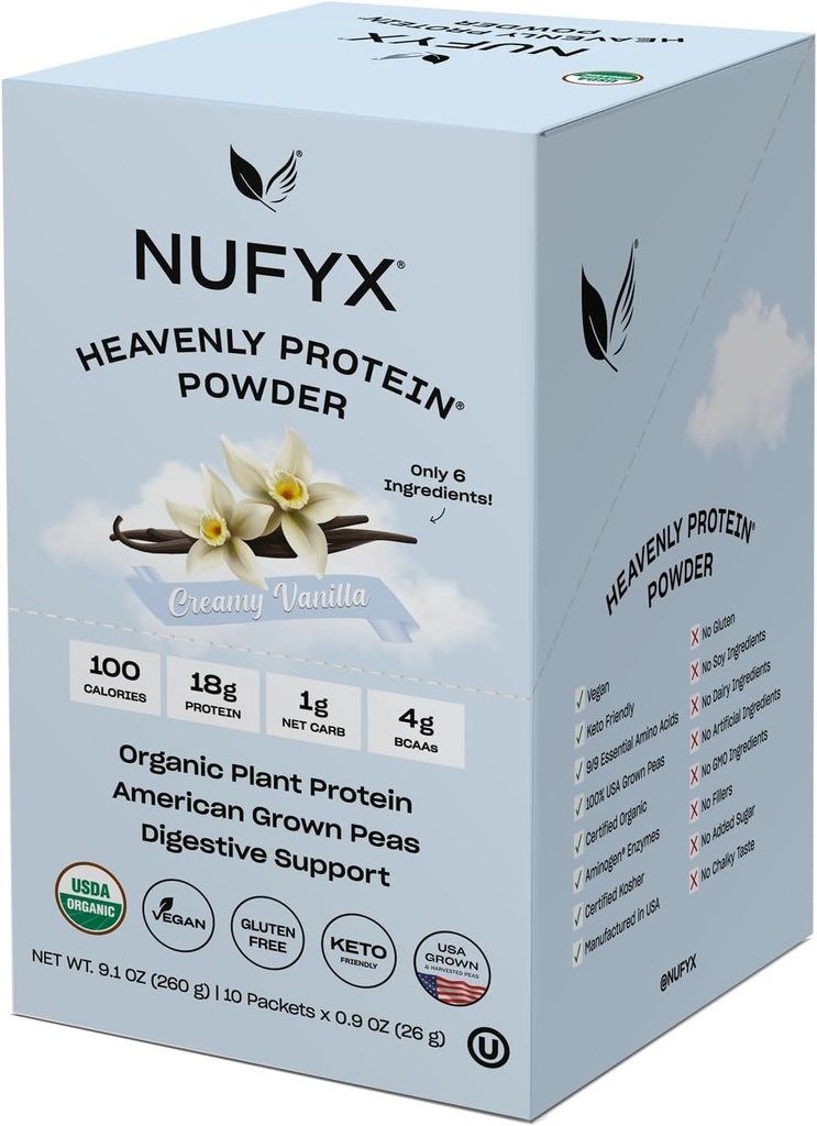 NUFYX® • Heavenly Protein® Powder • Verdens fineste 100% økologiske amerikanske voksende erter • Vegan • Glutenfri • lavkarbohydrat (Creamy Vanilla, boks med 10 pakker)