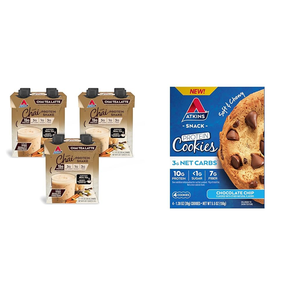 Atkins Chai Tea Latte Protein Shake med 15g Protein, 3g Netto Carbs, 1g Sukker og Atkins Sjokolade Chip Protein Cookie med 10g Protein, 3g Netto Carbs, 1g Sukker, Keto Vennlig, 4 greve