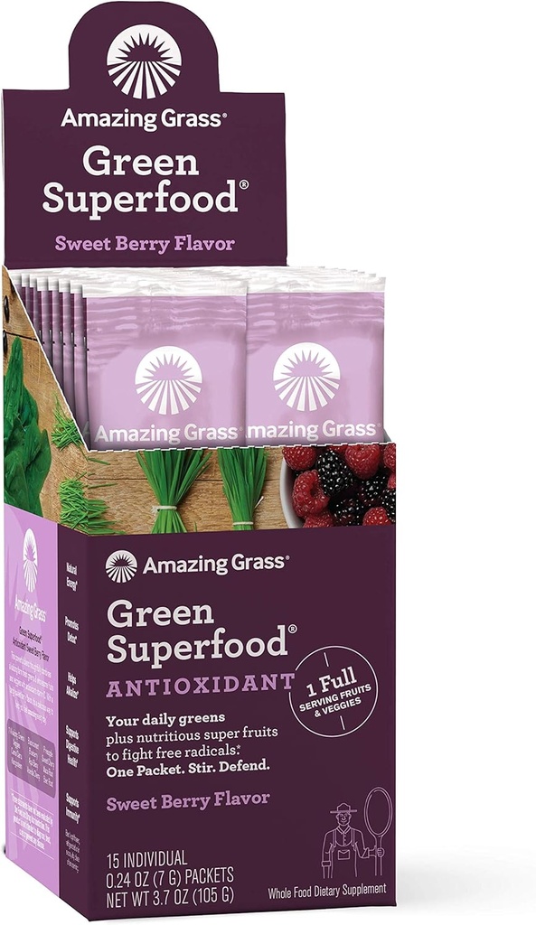 Amazing Grass Grønn Supermat Antioksidant: Super Grønn pulver med Spirulina, Elderberry & Probiotika, Sweet Berry, 15 Serveringer